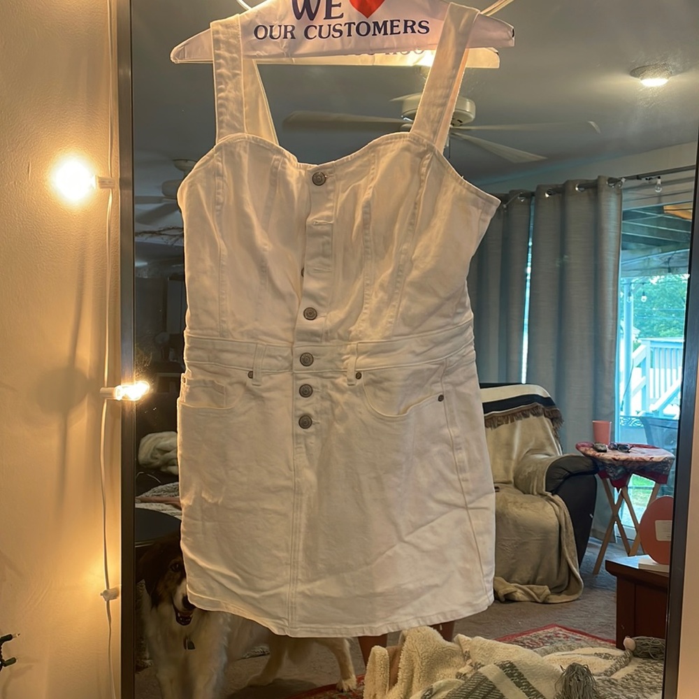 White jean dress buttons adjustable straps